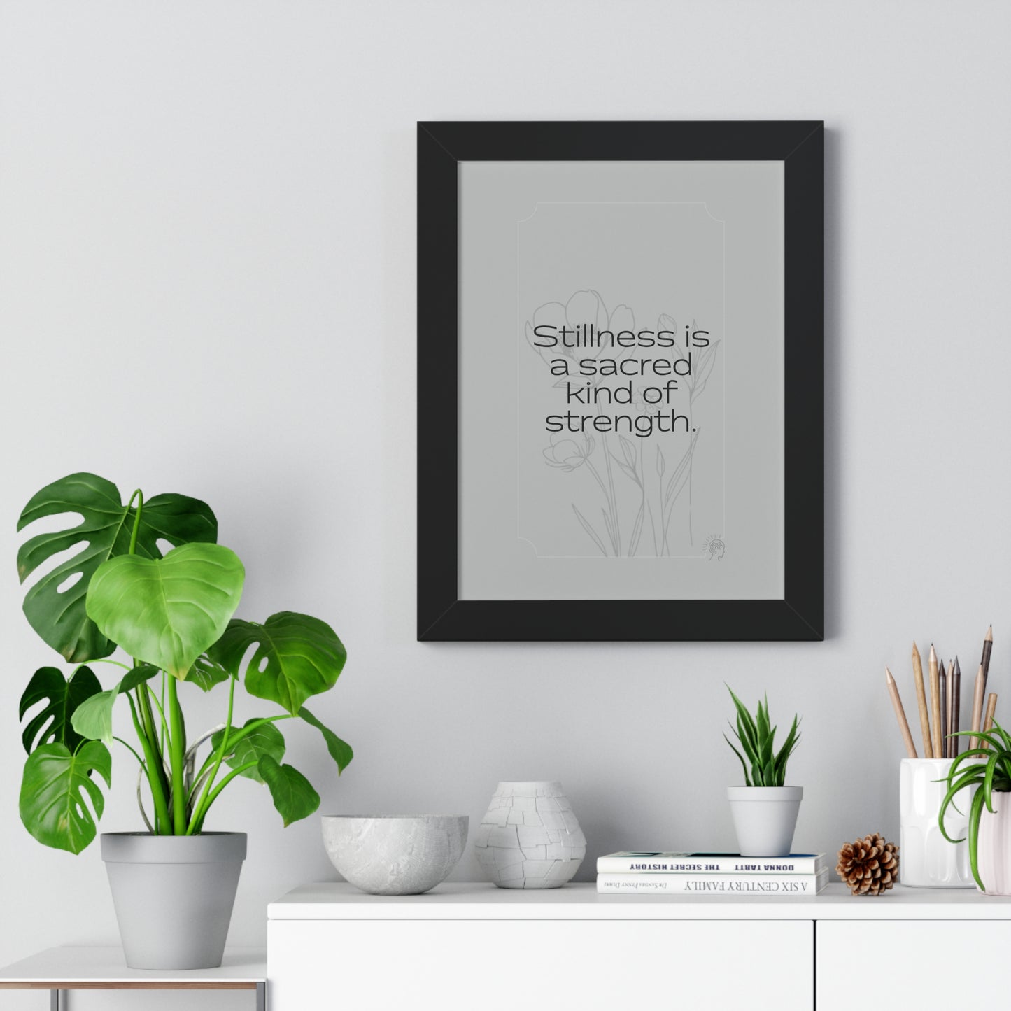Soft Strength Series | Quote 5 | Framed Vertical Poster | Stillness is a sacred kind of strength. | Reverberate Soul™