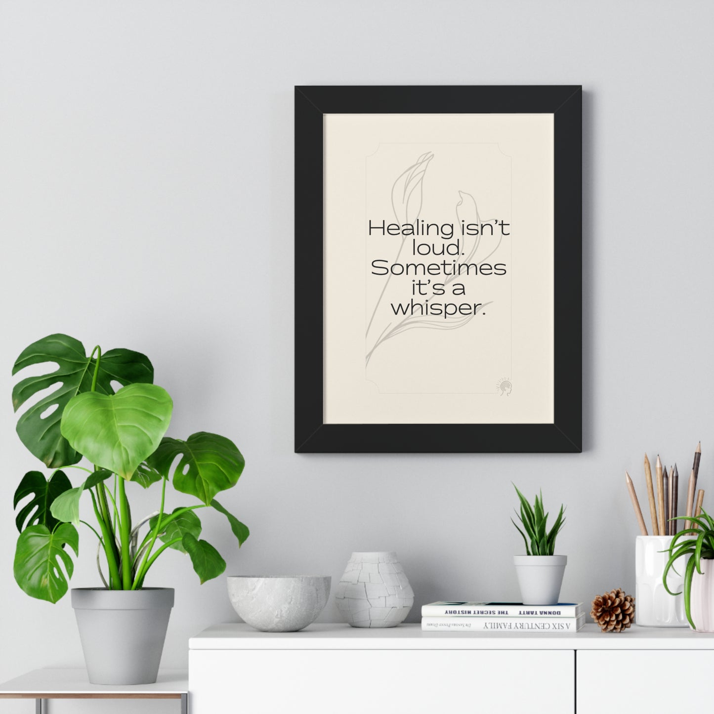 Soft Strength Series | Quote 3 | Framed Vertical Poster | Healing isn't loud. Sometimes it's a whisper. | Reverberate Soul™