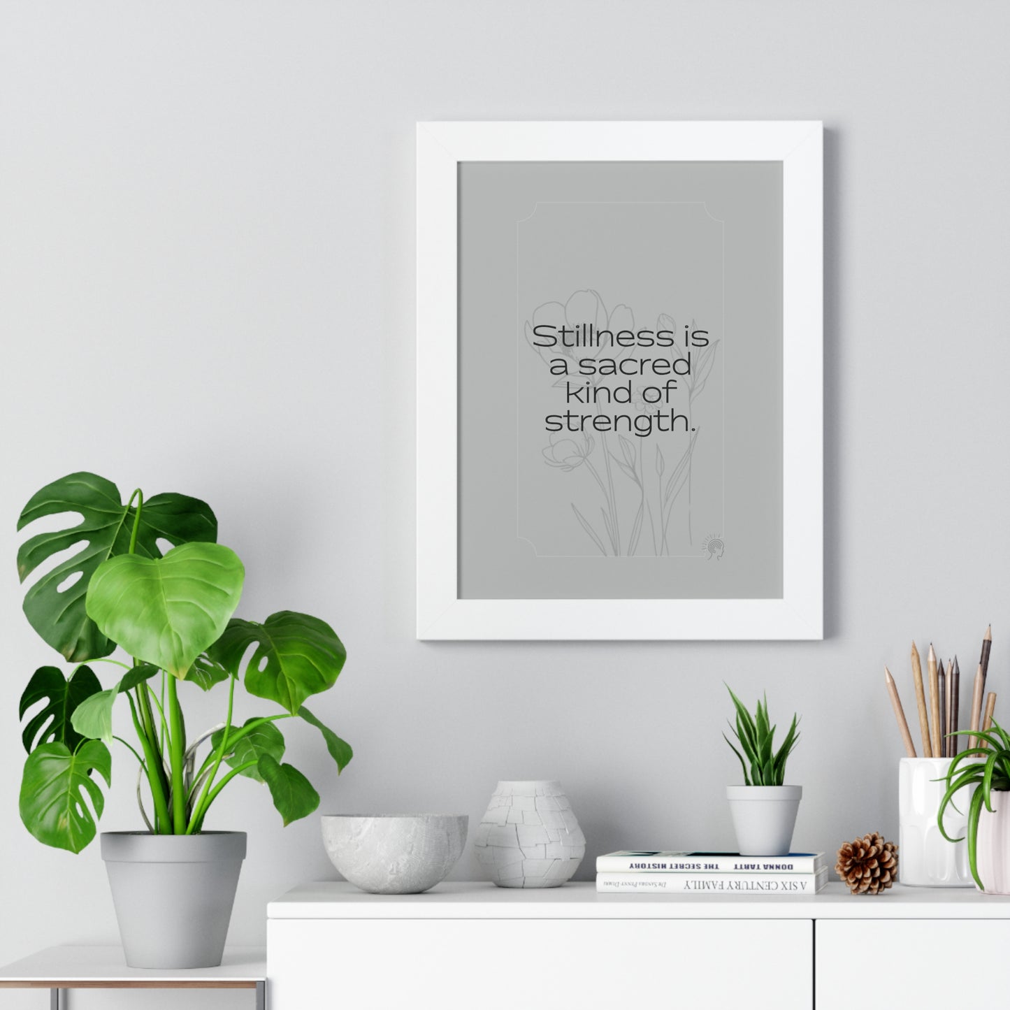 Soft Strength Series | Quote 5 | Framed Vertical Poster | Stillness is a sacred kind of strength. | Reverberate Soul™